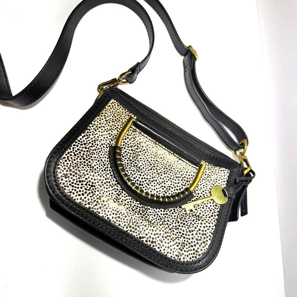 Fossil Black White Cowhide Leather Shoulder Crossbody Bag Purse Handbag 9x7.5 in